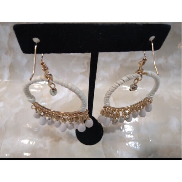 Woven Bohemian Tasseled Earrings In White - Picture 3 of 6